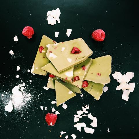 Matcha Green Tea Chocolate with raspberries and coconut shreds